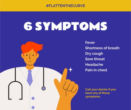 Template di design #FlattenTheCurve Sintomi di coronavirus con il consiglio del medico Facebook