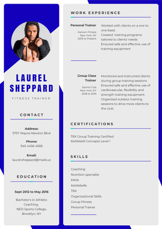 Fitness trainer professional skills and experience Resume Modelo de Design