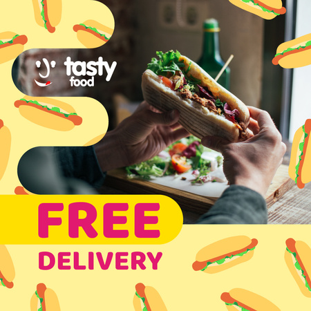Delivery Offer with Man eating hot dog Instagramデザインテンプレート