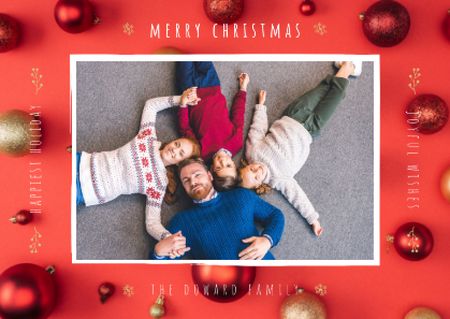 Platilla de diseño Merry Christmas Greeting Family with Baubles Card