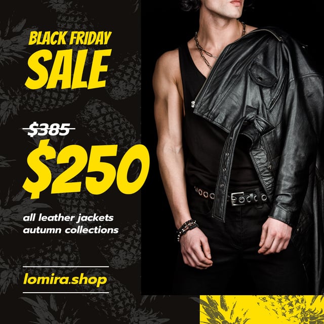 Plantilla de diseño de Black Friday Sale Man in Leather Jacket Instagram AD 