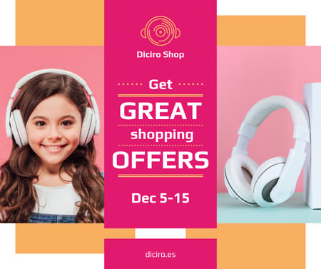 Gadgets Sale Girl in Headphones in Pink Facebook Design Template