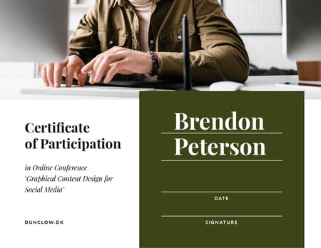 Online Conference Participation confirmation with man by laptop Certificate Tasarım Şablonu