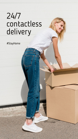 Plantilla de diseño de #StayHome Delivery Services offer Woman with boxes Instagram Story 