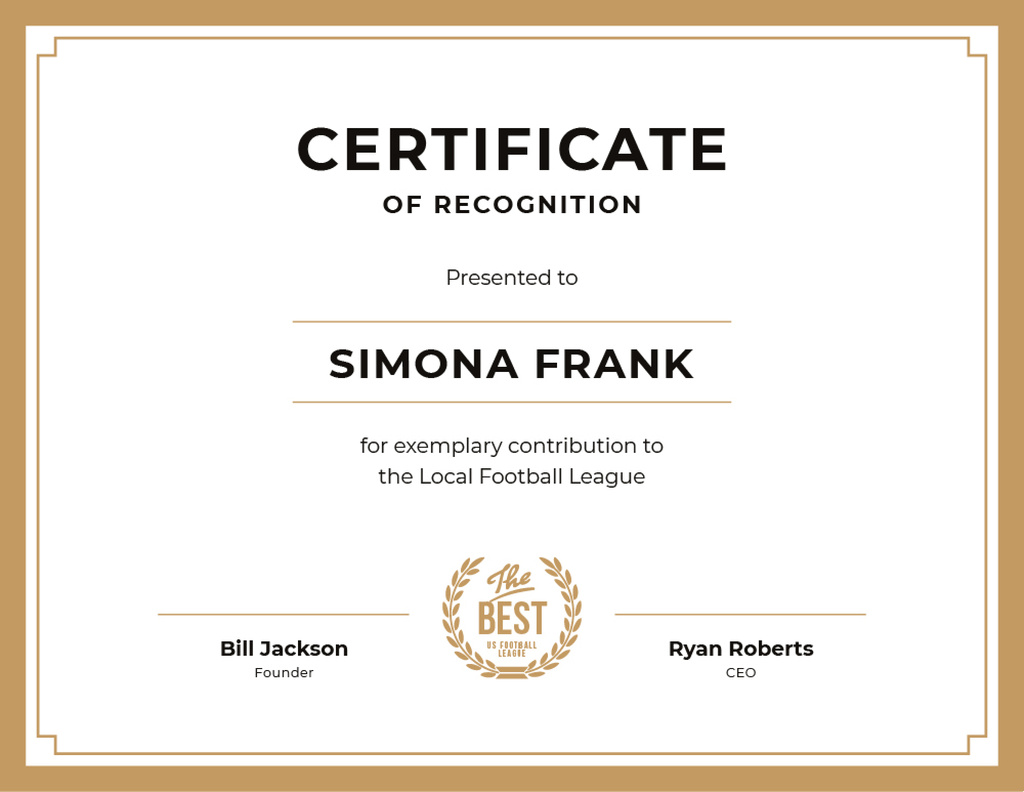 Football League contribution Recognition in golden Certificate Design Template