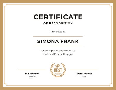 Plantilla de diseño de Football League contribution Recognition in golden Certificate 