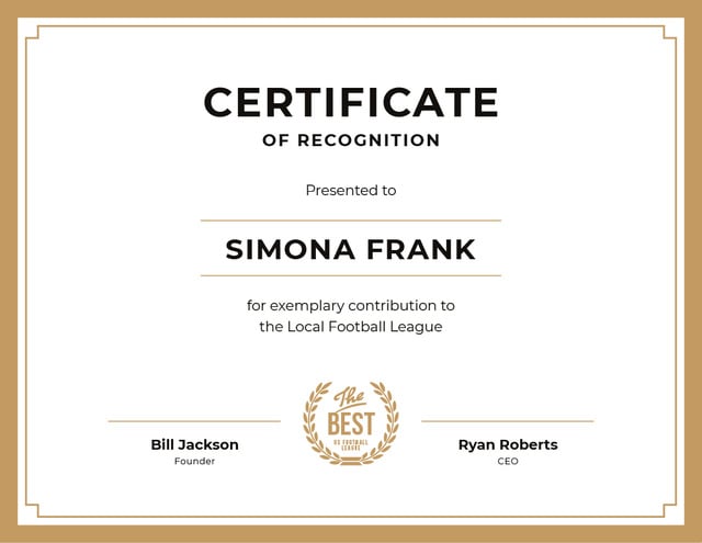 Football League contribution Recognition in golden Certificate Šablona návrhu