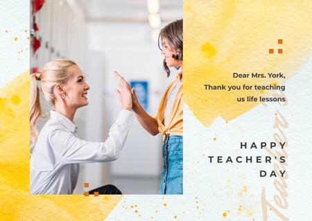 Teacher giving kid high five on Teacher's Day Postcard Design Template