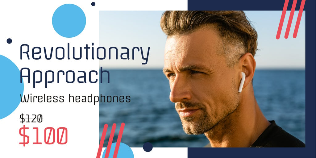 Wireless Headphones Ad with Man Listening Music Twitter Design Template
