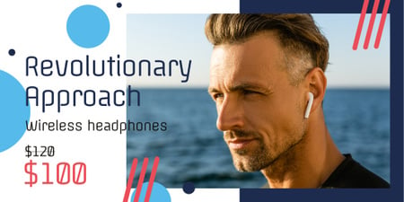 Wireless Headphones Ad with Man Listening Music Twitter Design Template