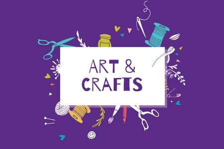 Arts and Crafts Shop ad with colorful equipment Label Šablona návrhu