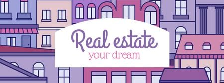 Plantilla de diseño de Anuncio inmobiliario con ciudad en rosa Facebook cover 