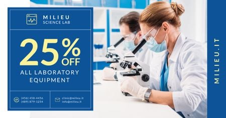 Lab Equipment Offer Scientists Working with Microscopes Facebook AD Design Template