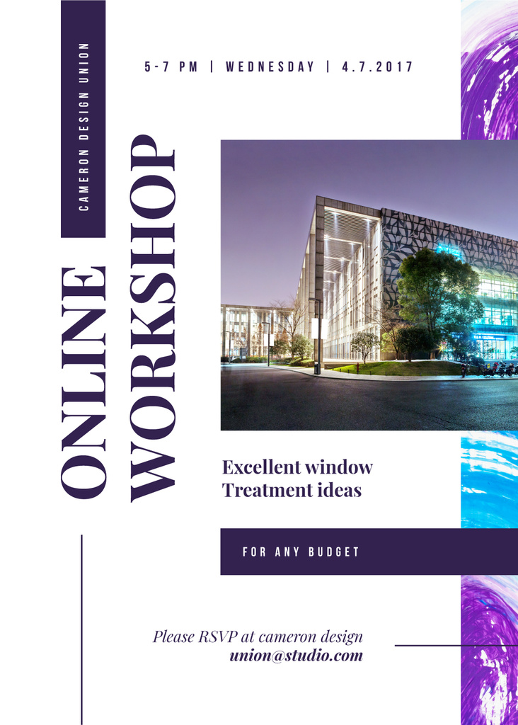 Design Workshop ad with modern glass Building Invitationデザインテンプレート
