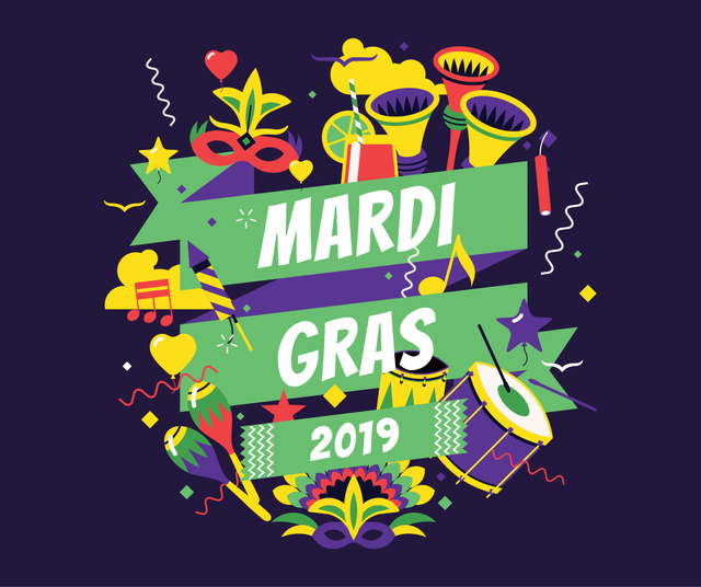 Designvorlage Mardi Gras carnival attributes für Facebook