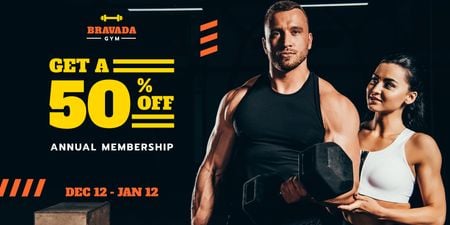 Gym Offer with Man Training with Coach Twitter Design Template