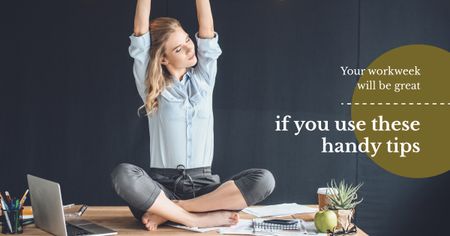 Ontwerpsjabloon van Facebook AD van Woman Stretching at Workplace