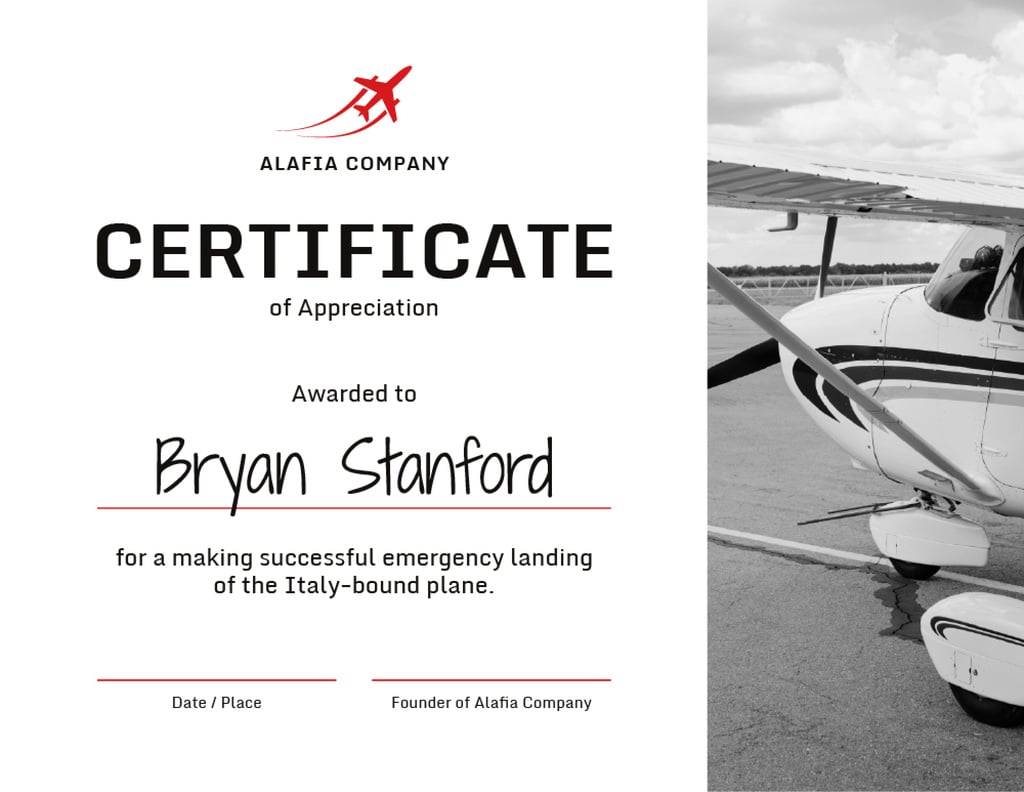 Plane Pilot Appreciation from airlines company Certificate tervezősablon
