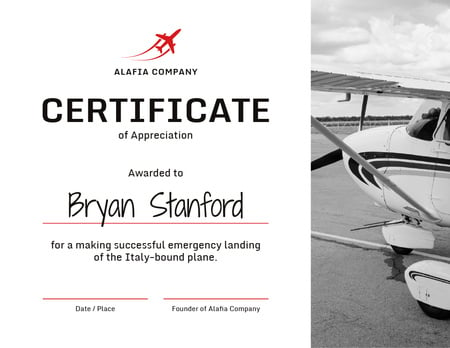 Plane Pilot Appreciation from airlines company Certificate Šablona návrhu