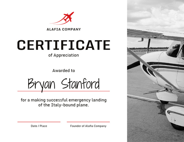 Modèle de visuel Plane Pilot Appreciation from airlines company - Certificate