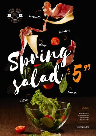 Platilla de diseño Spring Menu Offer with Salad Falling in Bowl Poster