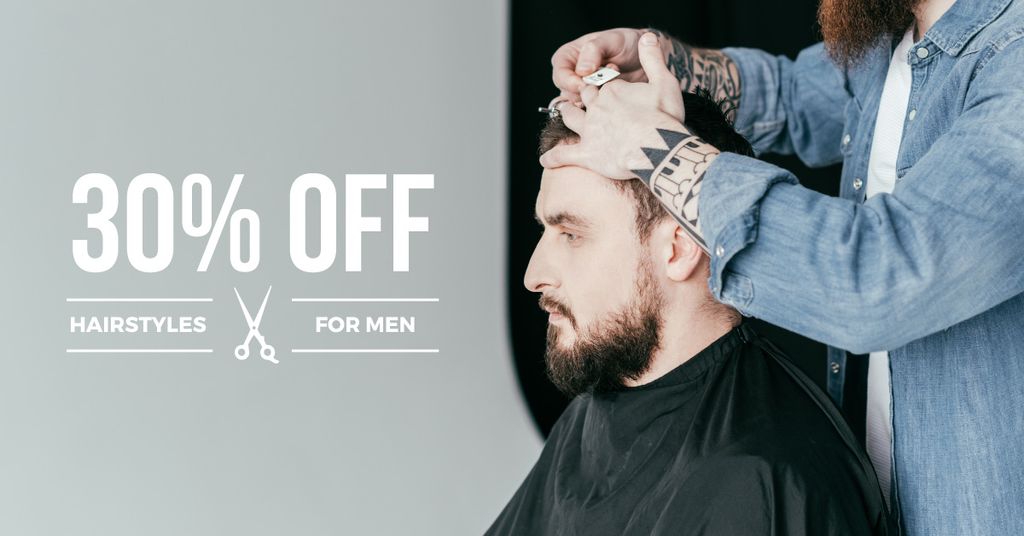 Hairstyles Workshop Offer with Client at Barbershop Facebook AD Design Template