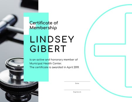 Designvorlage Health Center Membership on stethoscope für Certificate