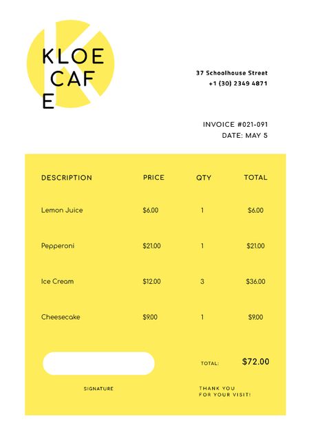 Cafe Sign on Yellow Invoice – шаблон для дизайна