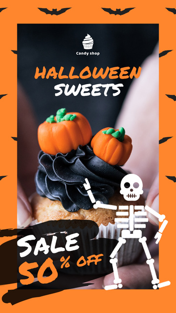 Trick or Treat Sale Halloween Cupcake with Pumpkins Instagram Video Story Design Template