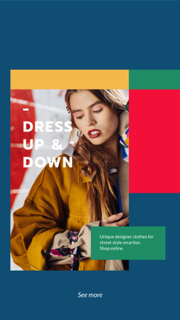 Designer Clothes Store ad with Stylish Woman Instagram Story Tasarım Şablonu