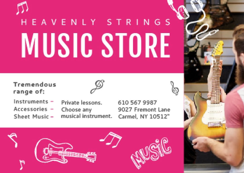 Music Store Ad Seller with Guitar Postcard Modelo de Design