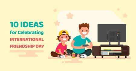 Friends celebrating Friendship Day and playing Video Game Facebook AD tervezősablon