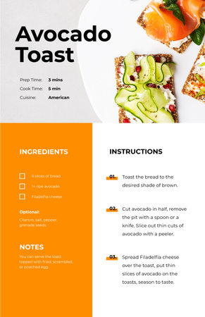 Delicious Avocado Toast Recipe Card Modelo de Design