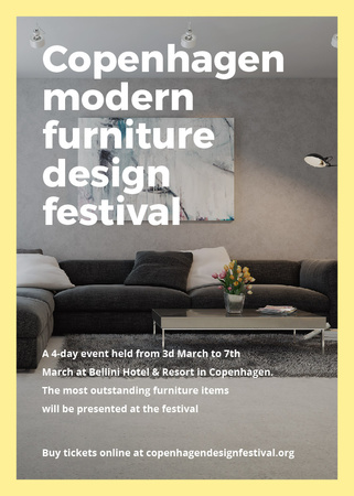 Interior Decoration Event Announcement with Sofa in Grey Flayer Modelo de Design