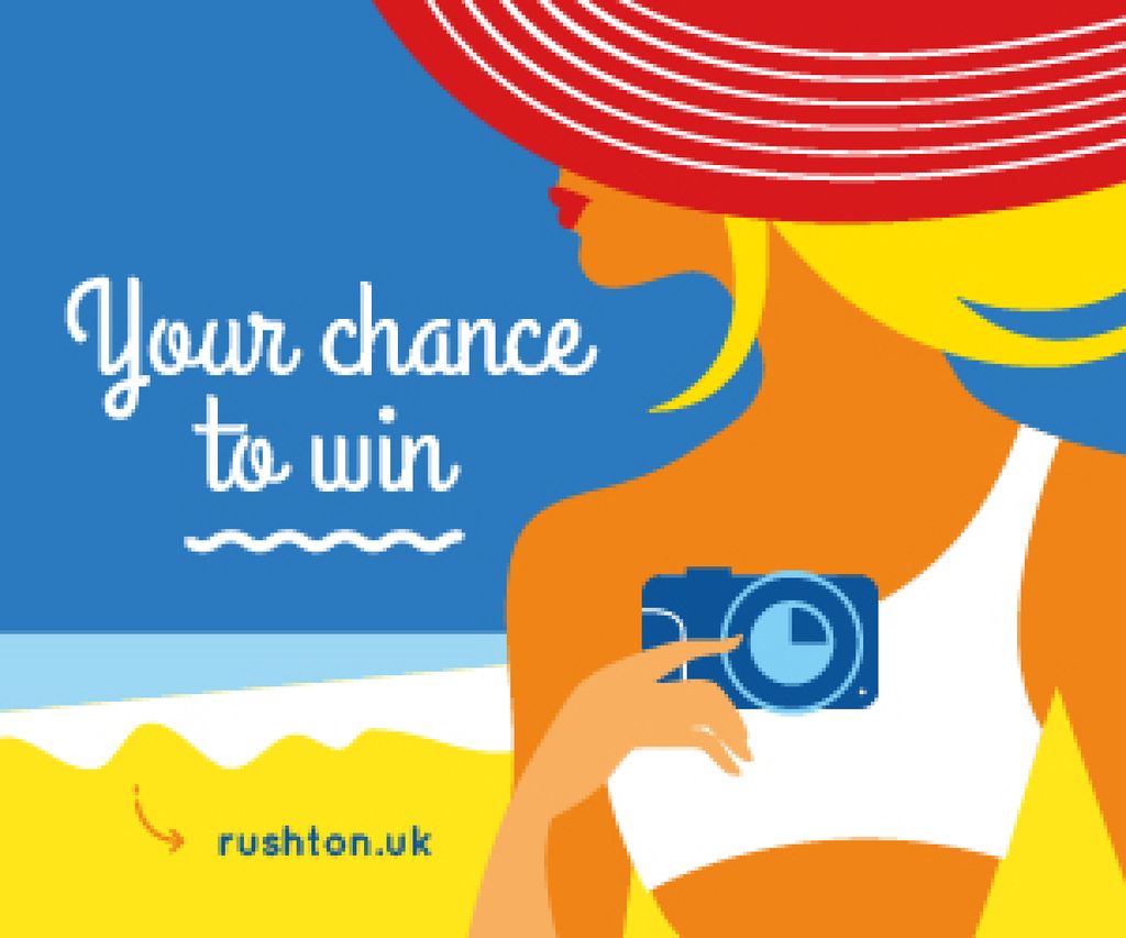 Platilla de diseño Giveaway Announcement with Woman with Camera at the Beach Medium Rectangle