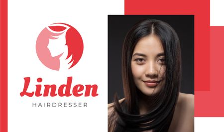 Ontwerpsjabloon van Business card van Hair Salon Ad with Woman with Brunette Hair