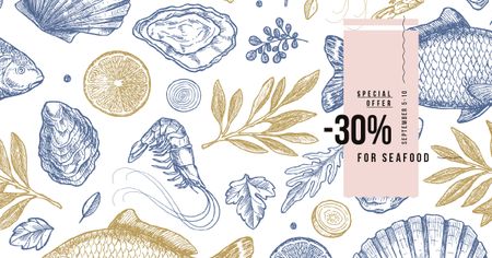 Restaurant Offer Assorted Fresh Seafood Sketches Facebook AD Design Template