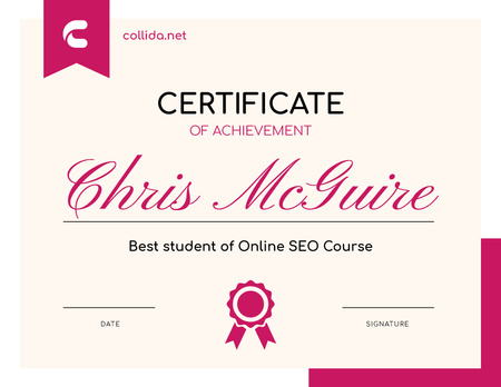 Designvorlage SEO Course program Achievement in pink für Certificate