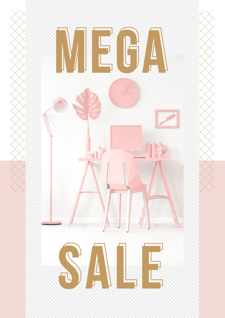 Sale Announcement with Computer on Working Table in Pink Poster Design Template