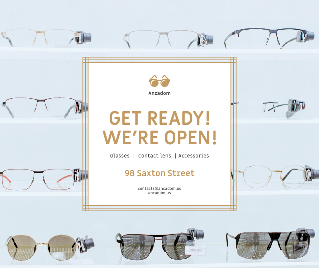 Glasses Store Opening Announcement Facebook Modelo de Design