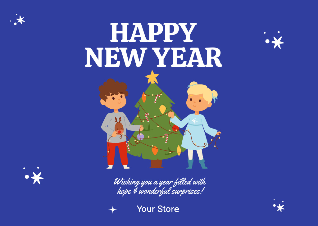 Template di design Happy New Year Wishes with Children Decorating Tree Postcard