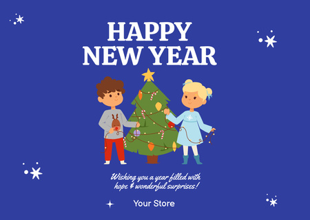 Happy New Year Wishes with Children Decorating Tree Postcard Design Template