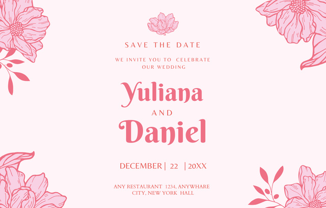 Designvorlage Pink Floral Wedding Celebration Announcement In December für Invitation 4.6x7.2in Horizontal