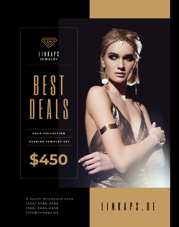 Jewelry Sale with Woman in Golden Accessories Poster 22x28in Design Template