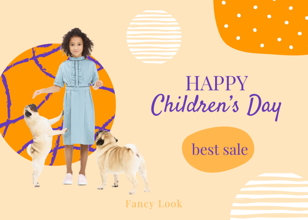 Modèle de visuel Children's Day Offer with Cute Little Girl with Dogs - Postcard 5x7in