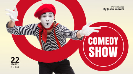 Plantilla de diseño de La comedia muestra un anuncio con un hombre disfrazado de mimo brillante FB event cover 