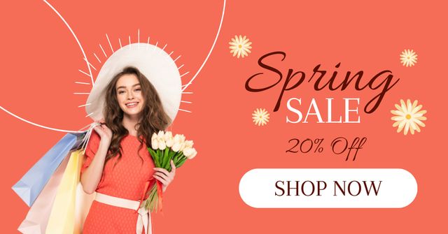 Spring Sale with Young Woman with Tulips and Bags Facebook AD Design Template