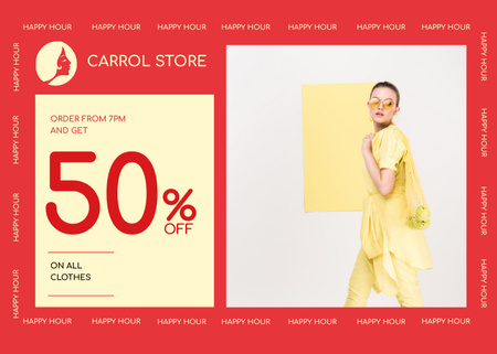 Clothes Shop Happy Hour Offer Woman in Yellow Outfit Flyer 5x7in Horizontal Design Template