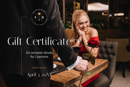Ontwerpsjabloon van Gift Certificate van Dineraanbieding met romantisch koppel in restaurant