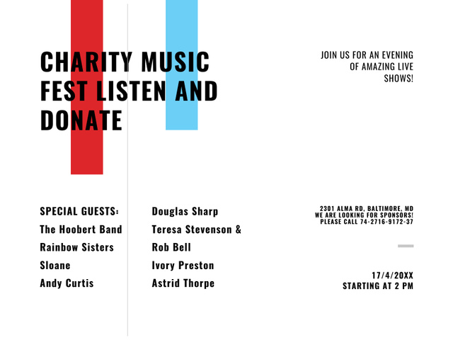 Charity Music Evening Event Announcement Poster 18x24in Horizontal Design Template
